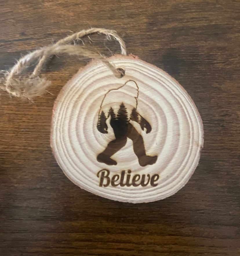 Rustic Bigfoot “Believe” Ornament